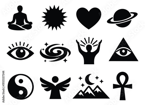 Minimalist abstract symbols set featuring universal, spiritual, and mystical icons for esoteric design