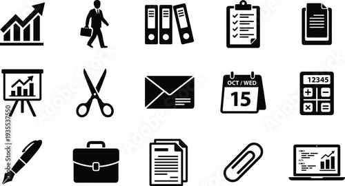 Office and Business Management Icons Set with Briefcase, Documents, Calendar, Presentation Chart, Calculator and Workplace Tools