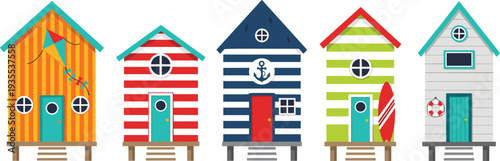 Colorful Beach Houses Cartoon Collection with Wooden Coastal Cabins and Seaside Vacation Homes Vector Illustration Set
