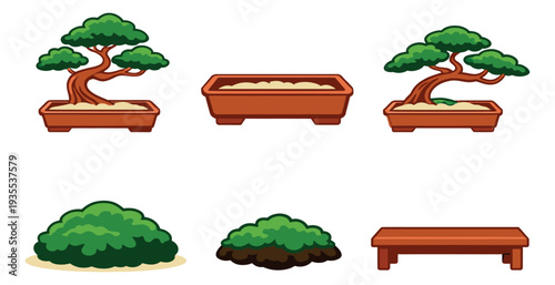 Cartoon style garden elements set featuring bonsai trees, pots, bushes, and a bench for miniature landscapes and decoration