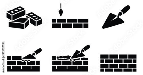 Solid icon masonry construction set featuring bricks, a trowel, mortar, and a bricklaying process for building and repair
