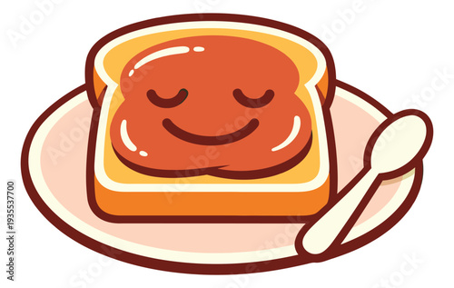 Cute cartoon illustration of toast with jam depicting a happy smile for breakfast food