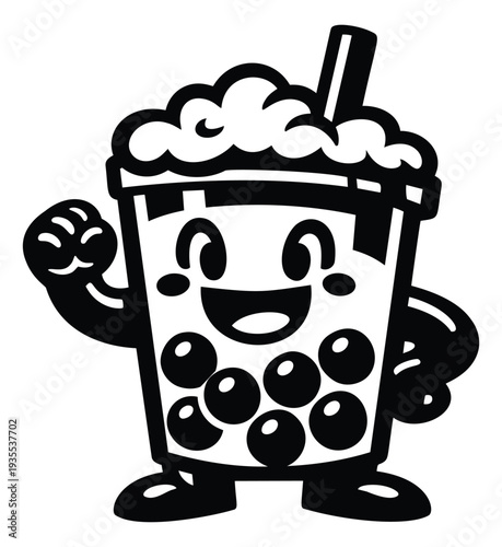 Cartoon illustration of a cheerful bubble tea character depicting a friendly wave for food and drink promotion