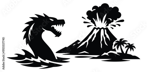 Stylized adventure set featuring a sea monster and an erupting volcano with an island for fantasy games