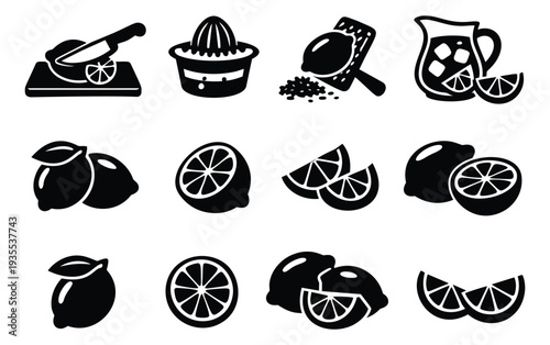 Graphic lemon icon set featuring whole fruit, halves, slices, a juicer, a zester, and a pitcher of lemonade for food, beverage, and cooking projects