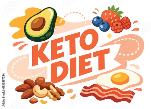 Modern flat illustration keto diet food set featuring avocado, berries, nuts, egg, and bacon for ketogenic diet and healthy lifestyle