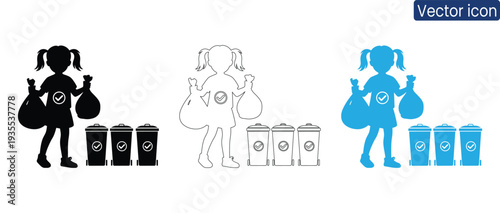 A young girl contributes to a cleaner environment with recycling bags and bins