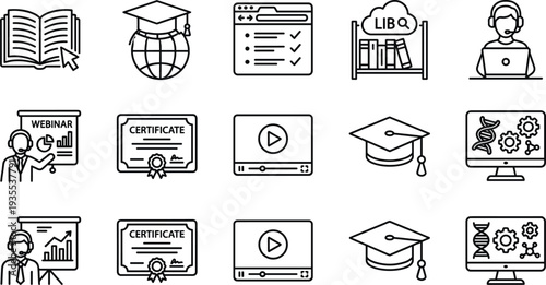 Online Education and E Learning Line Icon Set with Webinar, Certificate, Graduation Cap, Video Course, Library and Digital Study Symbols