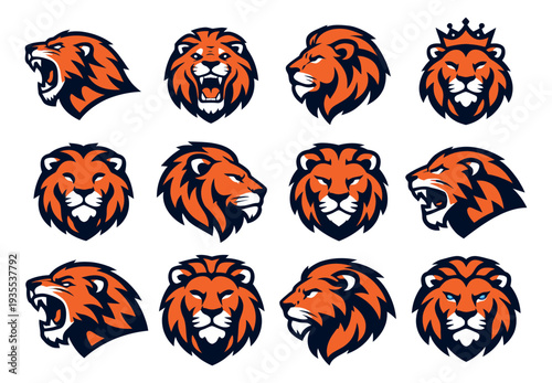 Stylized lion head set featuring various roaring and fierce expressions for mascot or logo branding