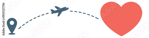 Simple vector illustration of an airplane flying a path to a heart depicting long distance love for travel and romance concepts