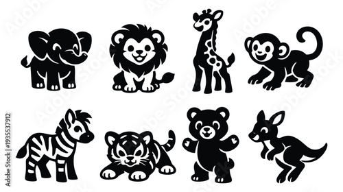 Cute cartoon style baby animal set featuring an elephant, lion, giraffe, monkey, zebra, tiger, bear, and kangaroo for children's designs