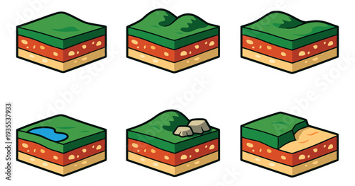 Cartoon isometric terrain blocks set featuring different landforms and soil layers for game design or education
