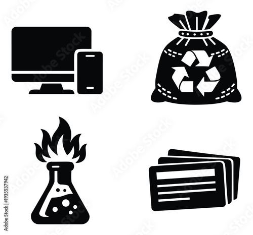 Modern glyph icon set featuring a desktop computer, smartphone, recycling bag, burning chemical flask, and payment cards for technology, environmental care, science, and finance