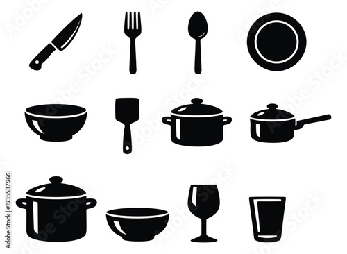 Simple iconic kitchenware and tableware set featuring various cooking and dining essentials for home and culinary designs