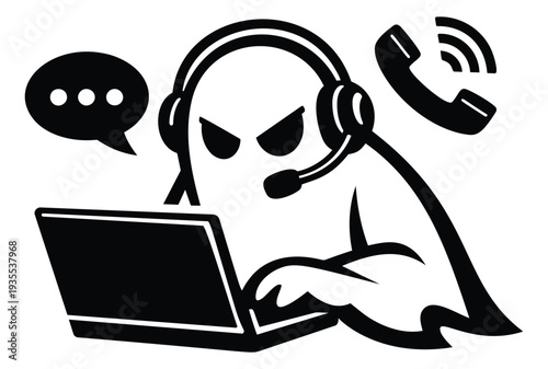 Line art illustration of a ghost wearing a headset and using a laptop depicting online communication for technology support