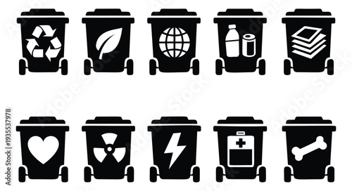 Simple glyph waste sorting bins set featuring symbols for recycling, organic, hazardous, and different waste categories for waste management and environmental design