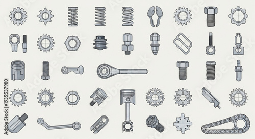 Collection of hand-drawn mechanical parts and tools.