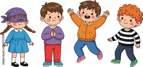 Set of Happy Children Playing Games, Blindfolded Girl and Joyful Boys Collection Vector Illustration