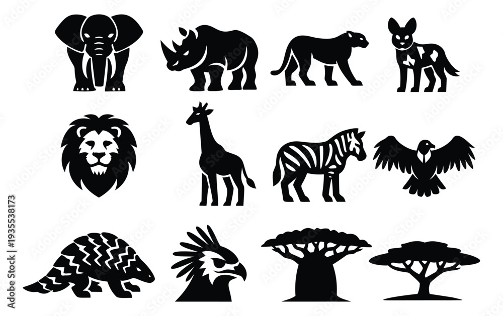 Fototapeta premium Silhouette African wildlife set featuring elephants, lions, zebras, and baobab trees for nature-themed projects