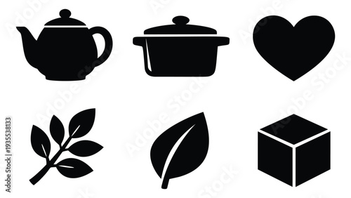 Simple icon set featuring a teapot, cooking pot, heart, leaves and cube for graphic design