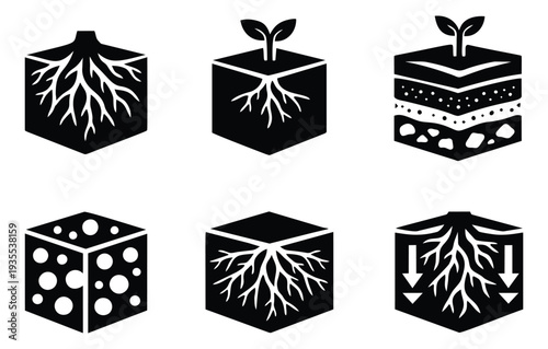 Stylized soil and root icon set featuring plant growth and layered soil structures for ecological and agricultural concepts