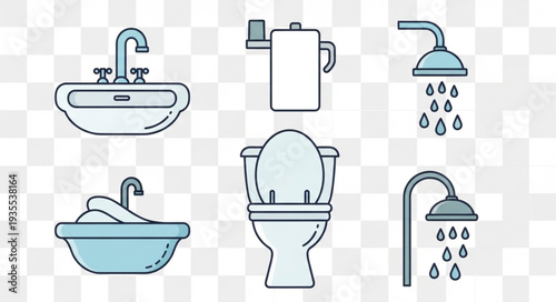 Collection of bathroom fixtures and accessories line art icons.