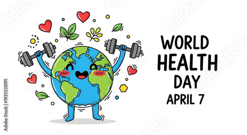 Cartoon earth lifting dumbbells with hearts and leaves on world health day april 7