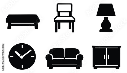 Simple black icon furniture set featuring a bench, chair, table lamp, clock, sofa, and cabinet for interior design and home decor