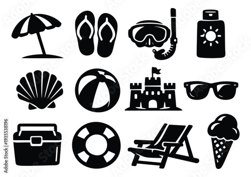 Modern icon summer set featuring beach holiday elements for vacation travel