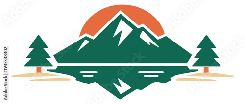 Minimalist graphic illustration of a mountain landscape depicting a lake reflection with sun and trees for outdoor designs