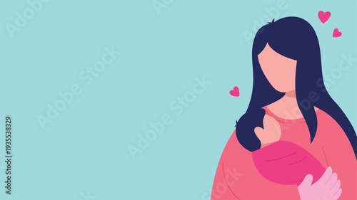 Flat illustration of a mother holding her baby with love and care with copy space on horizontal background. Ideal for Mother's Day celebration and family events.