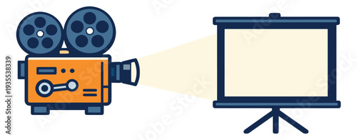 Modern line art illustration of a movie projector and screen depicting a film projection for cinema and presentation concepts