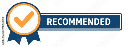 Modern graphic illustration of a recommended badge depicting a checkmark and the word recommended for quality assurance