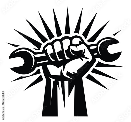 Stylized illustration of a raised fist holding a wrench depicting power and labor for activist movements