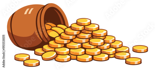 Graphic illustration of a pot and gold coins depicting an overflowing treasure for financial concepts