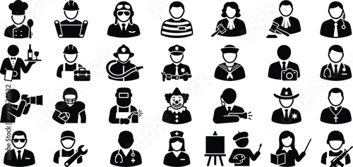 Profession and Occupation Icons Set with Doctor, Engineer, Police, Lawyer, Chef, Photographer and Various Professional Avatars