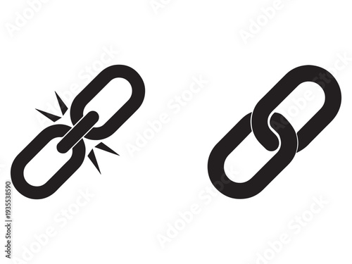 Two black chain links one broken with sparks and one intact on white background  chain link icons