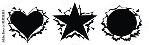 Abstract graphic shape set featuring heart, star, and circle frames with torn edges for design projects