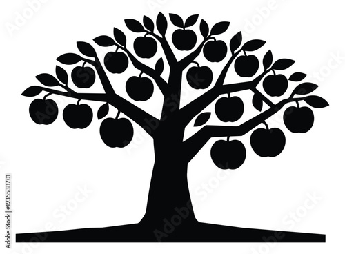 Silhouette illustration of an apple tree depicting ripe fruit for nature and food concepts