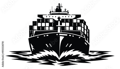 Stylized illustration of a cargo ship depicting freight containers moving through water for global shipping