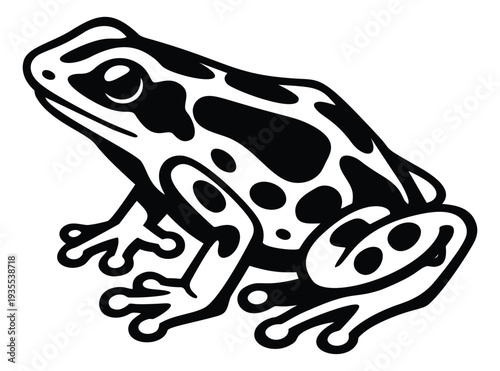 Stylized black and white illustration of a frog depicting a sitting amphibian for nature themes