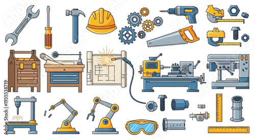 Collection of Industrial Tools and Machinery for Manufacturing and Construction.