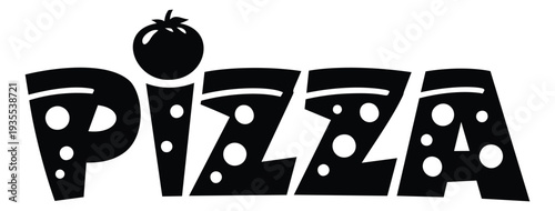 Iconic graphic illustration of the word PIZZA depicting a tomato and cheese holes for culinary branding