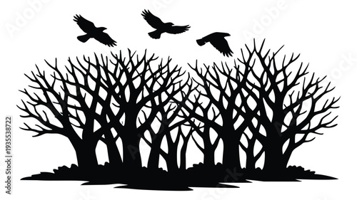 Stylized illustration of bare trees and flying birds depicting a spooky forest scene for halloween designs