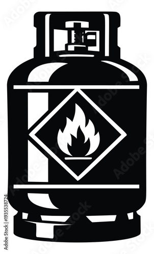 Black silhouette illustration of a gas cylinder depicting a flame hazard symbol for industrial safety