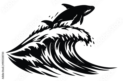Line art illustration of a dolphin depicting it jumping over a wave for ocean themes