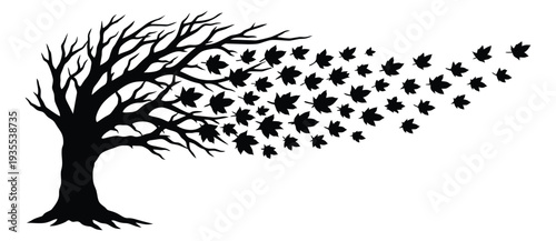 Stylized illustration of a bare tree depicting leaves blowing in the wind for autumn designs