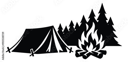Silhouette illustration of a campsite depicting a tent, campfire, and trees for nature and outdoor activities