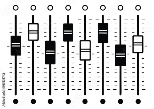 Line art audio faders set featuring black and white sliders and level indicators for sound engineering and music production
