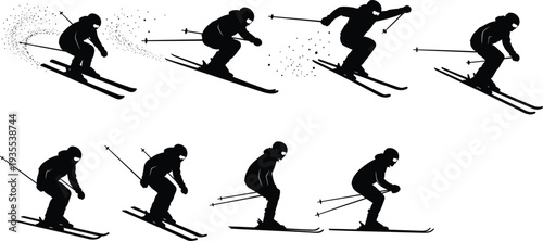 Set of Skier Silhouettes Featuring Athletes in Speed Downhill and Slalom Poses Isolated on White Background for Winter Sports Design